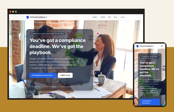 DefenseCompliance.ai website on desktop and phone